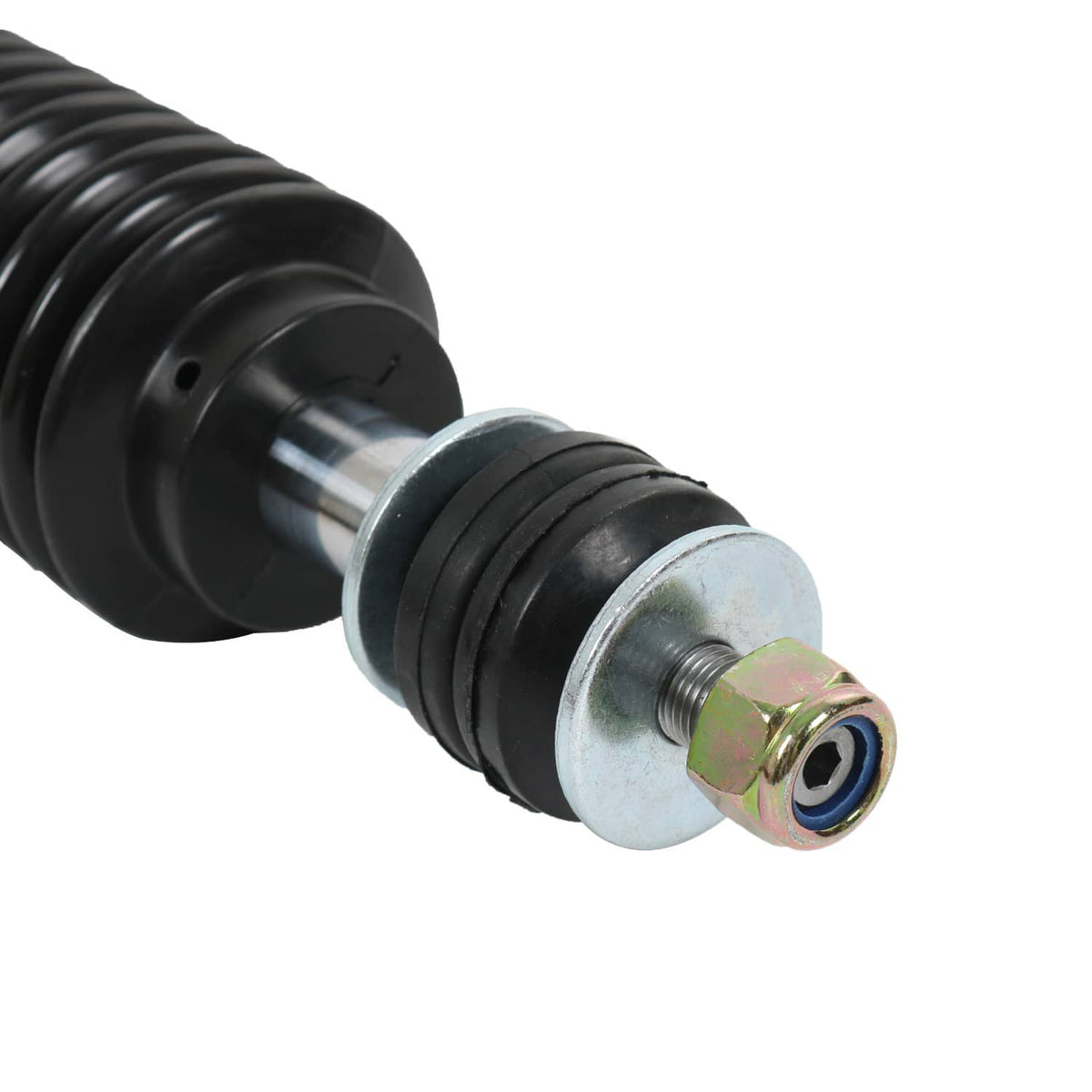 Adjustable coilover shock strut: black spring body with threaded mounting stud