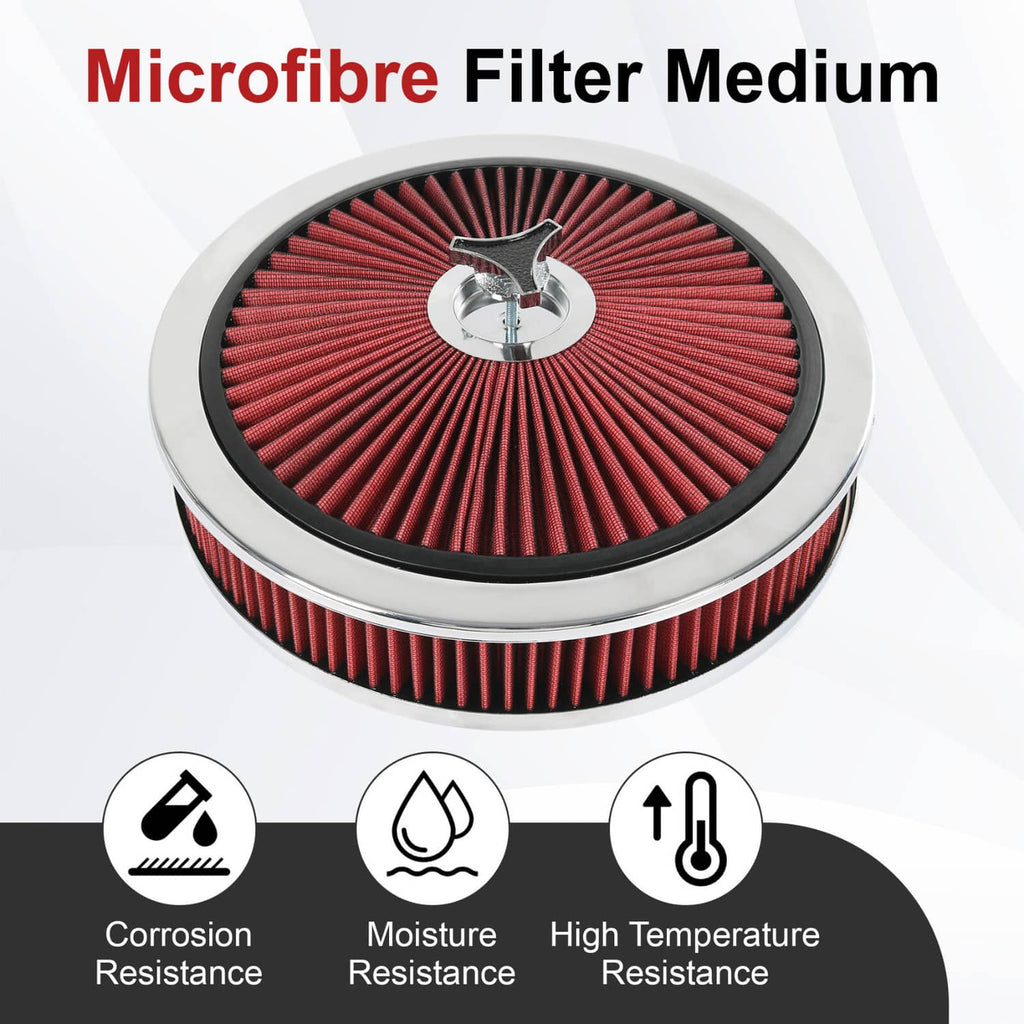 Round red air cleaner filter with microfiber medium and chrome top mounting plate.
