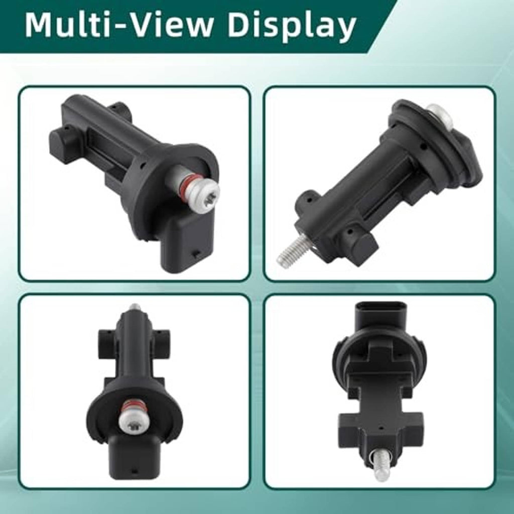 Black camshaft position sensor, multi-angle view with threaded stud and 4-pin plug