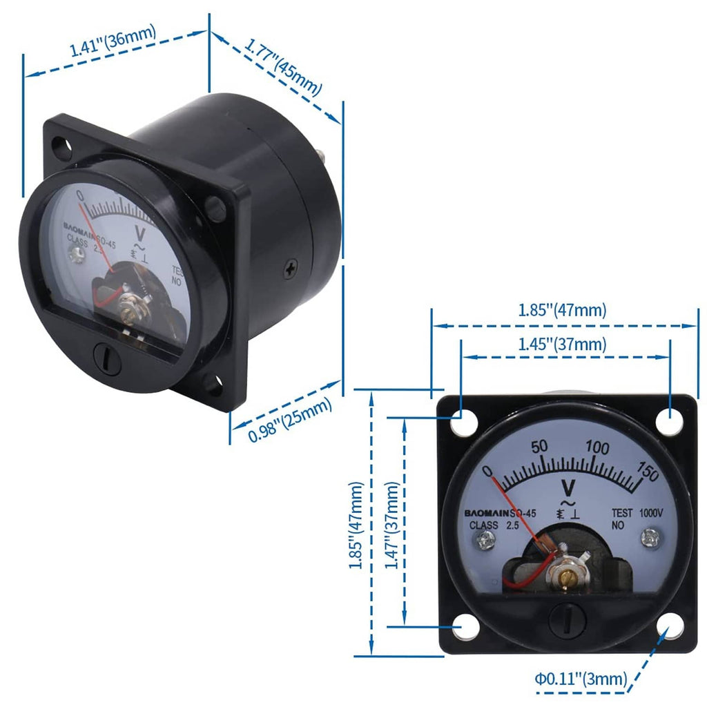 Black round analog voltmeter gauge with panel mount and visible scale 0–150V