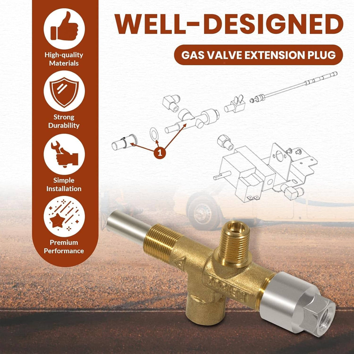 Gas valve extension plug brass and silver threaded valve connector
