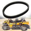 Drive belt with black ribbed teeth and textured inner edge, circular loop