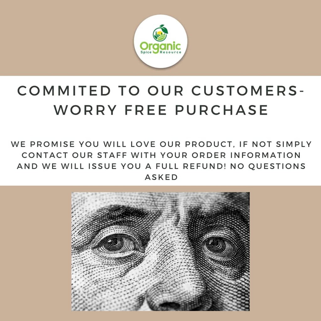 Customer promise infographic with Organic Spice logo badge and text blocks