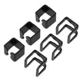 Set of six black U-shaped hydraulic jack spare parts with matching cutouts.