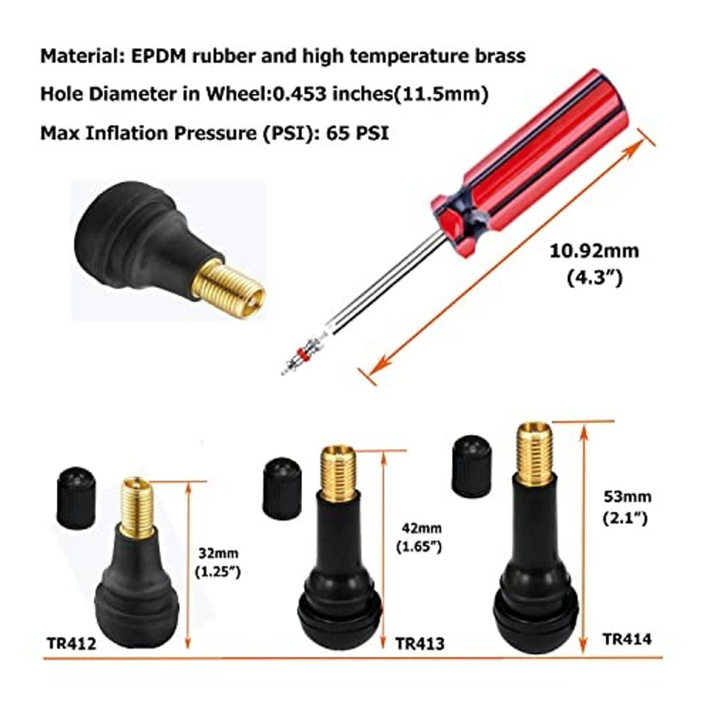 Rubber tire valve stems with brass cores and valve stem puller installer tool