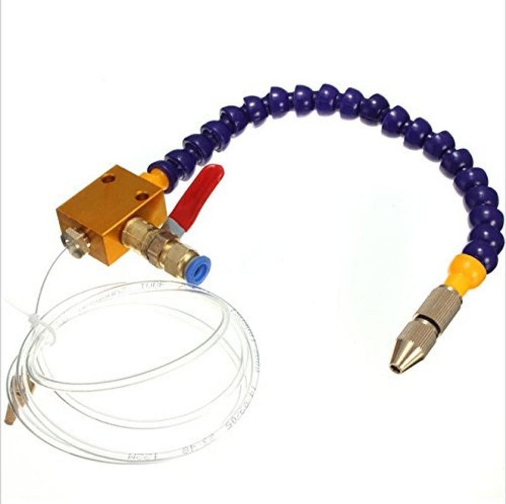 CNC mist coolant spray nozzle and fixed module with coiled blue hose and red switch