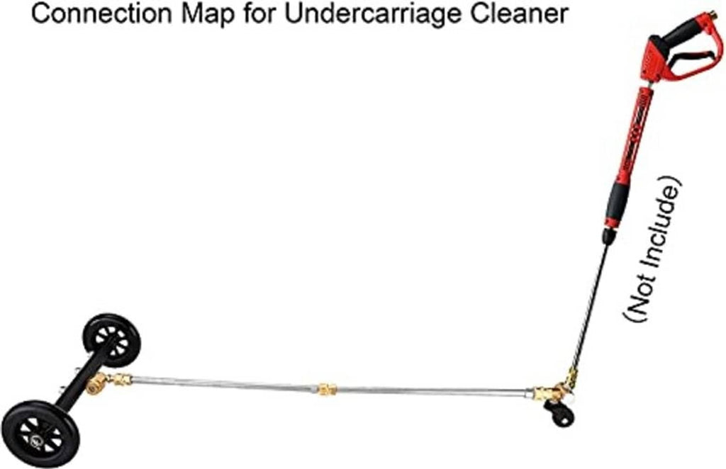 Angled undercarriage cleaner attachment with two wheels, brass fittings, and long wand