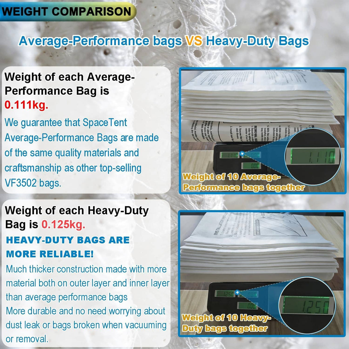Vacuum bag weight comparison chart: average-performance versus heavy-duty bag stacks