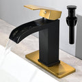Black single-handle waterfall bathroom faucet with gold deck plate and spout
