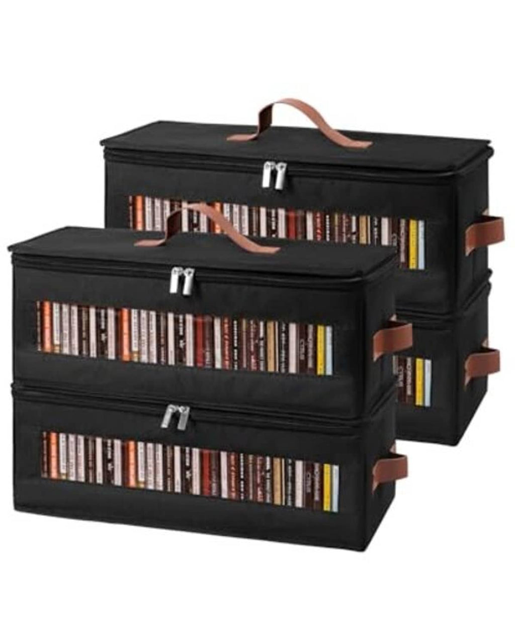 3 black CD storage boxes with clear windows, brown handles, and front metal zipper pulls.