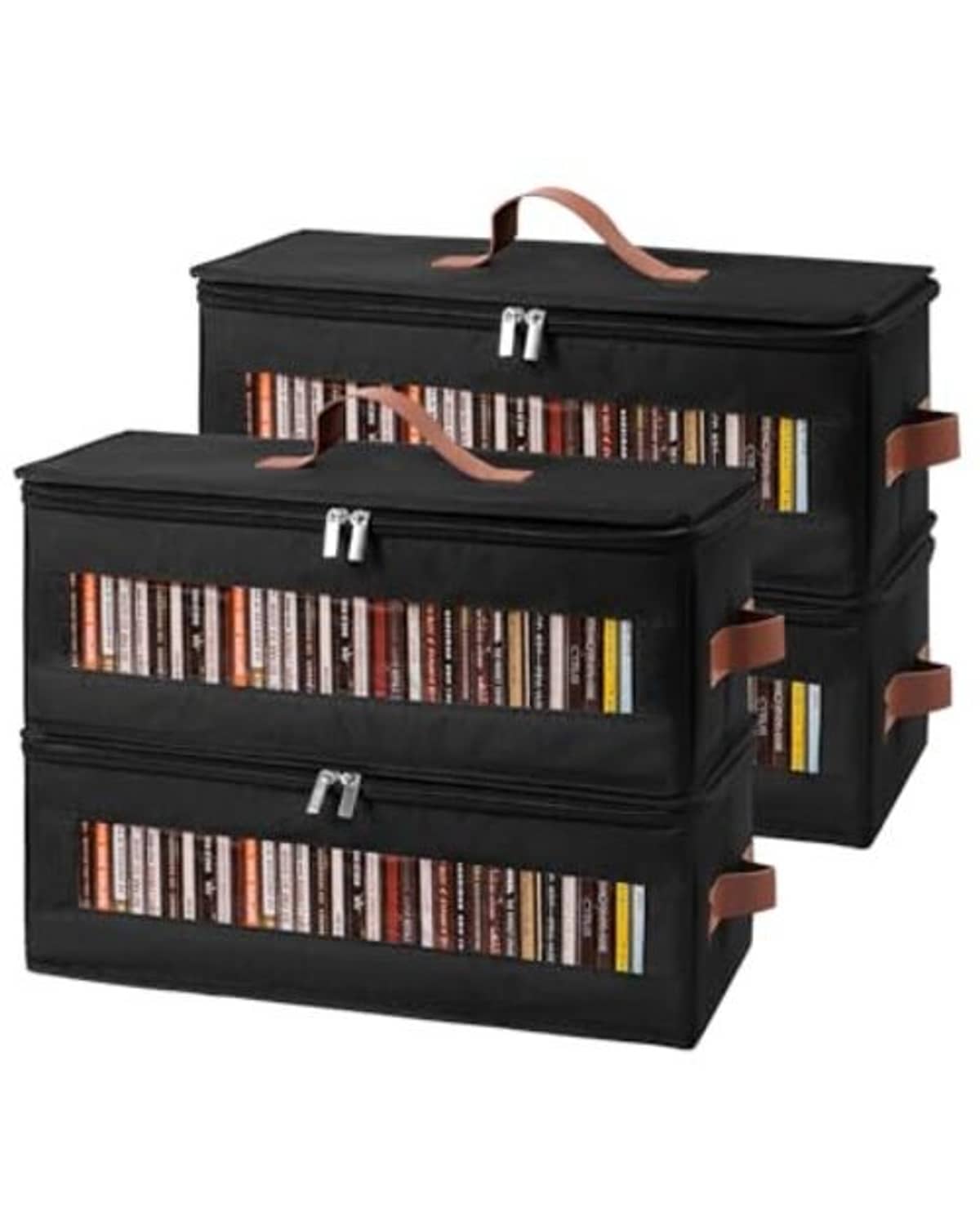 3 black CD storage boxes with clear windows, brown handles, and front metal zipper pulls.