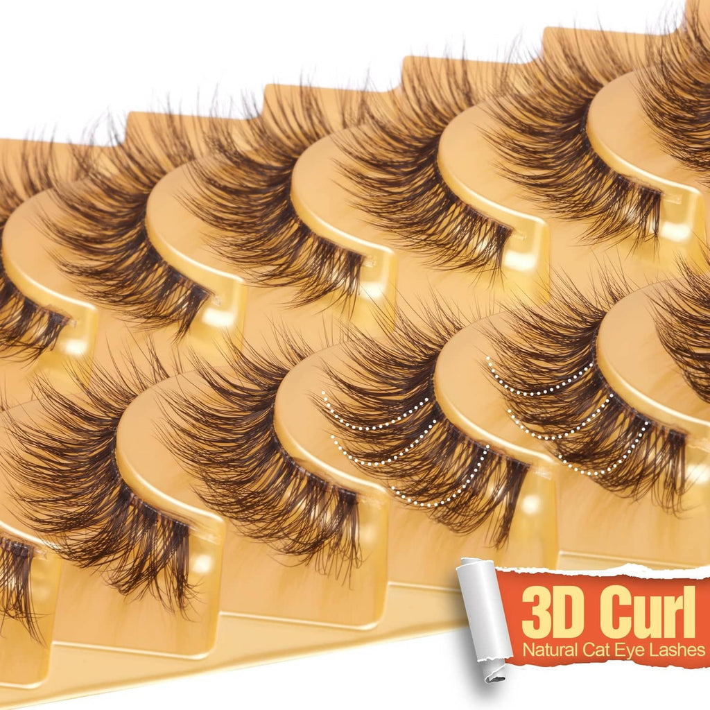 Brown curled strip lashes set, multiple pairs with curved lash bands
