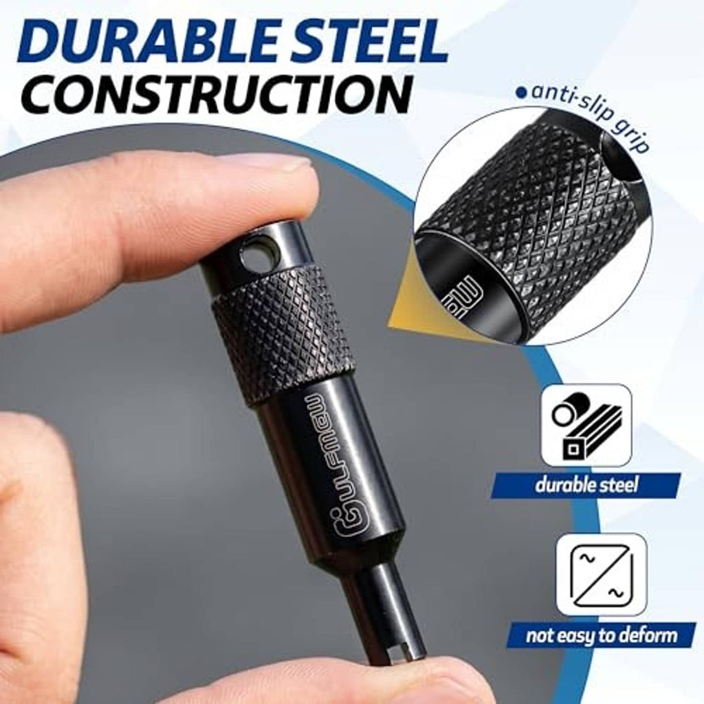 Black steel valve core removal tool with anti-slip textured grip and end notch