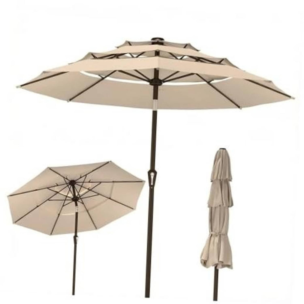 Beige 3-tier patio umbrella with open canopies and dark center pole