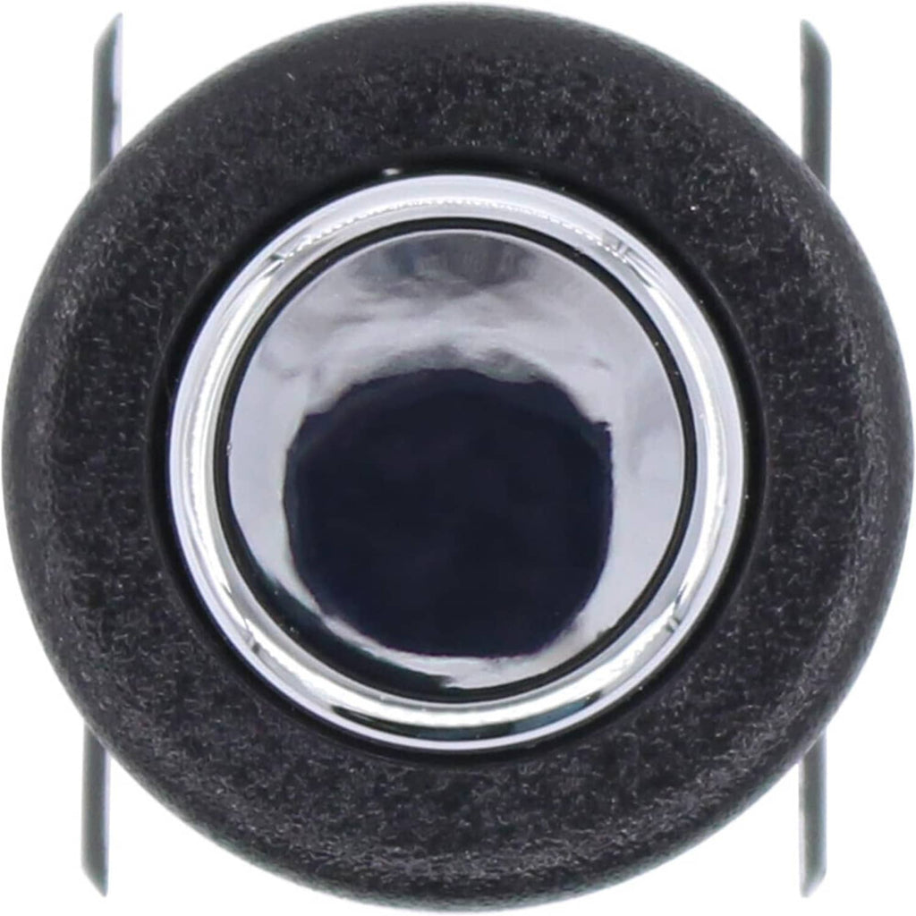 Fuel door release switch with black bezel and chrome round center button, pronged mount