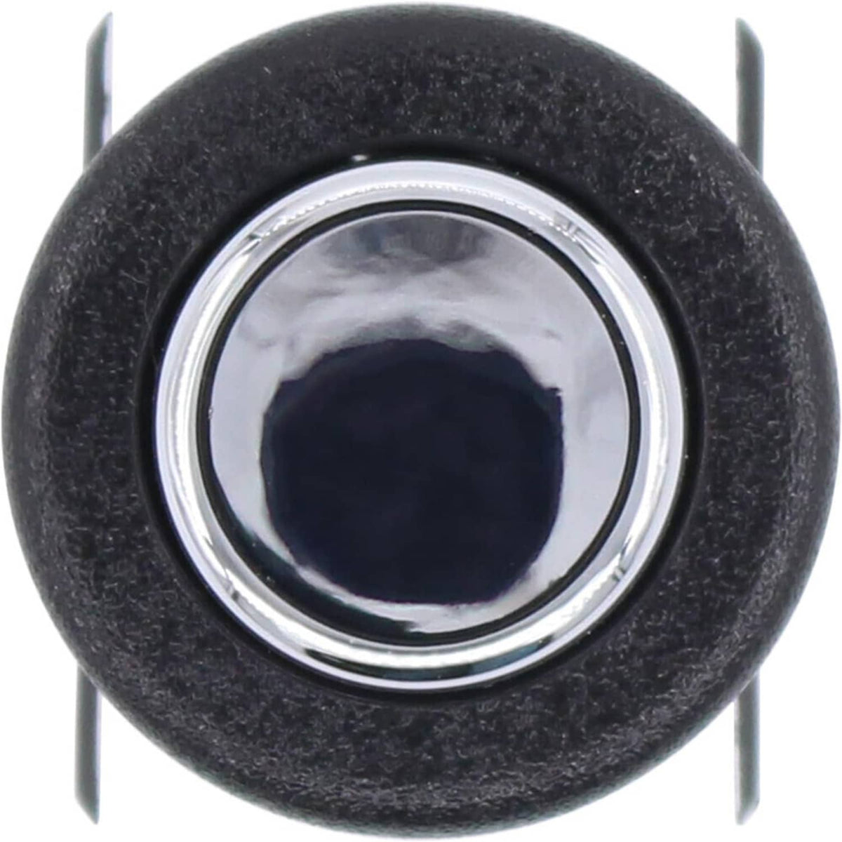 Fuel door release switch with black bezel and chrome round center button, pronged mount