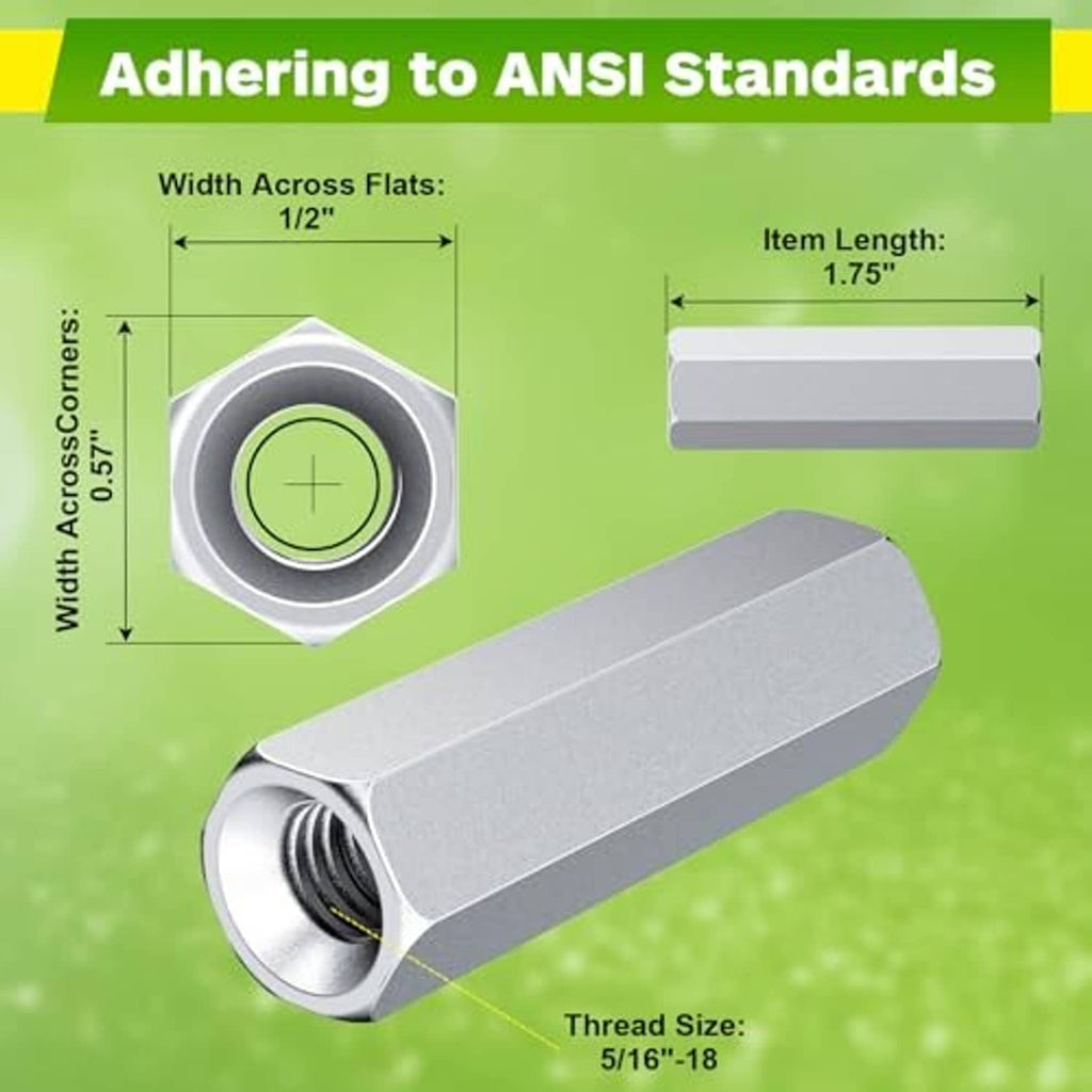 Silver hex coupling nut, 1/2 in across flats, 1.75 in long, threaded bore