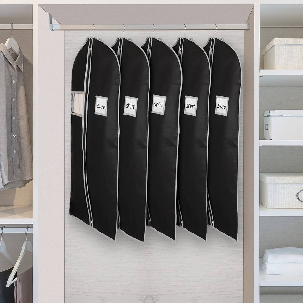Black hanging garment bags (set of 5) on closet rod with suit and shirt covers