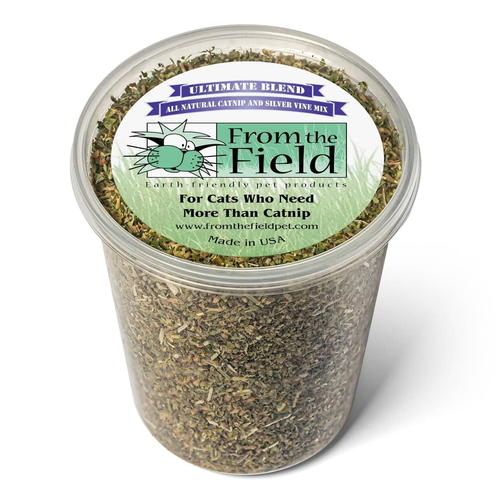 Resealable plastic tub of dried catnip and silver vine blend for cats