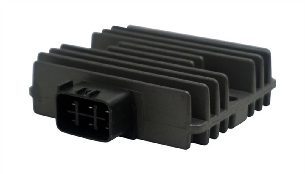 Voltage regulator rectifier side view showing multi-pin socket and stacked cooling fins