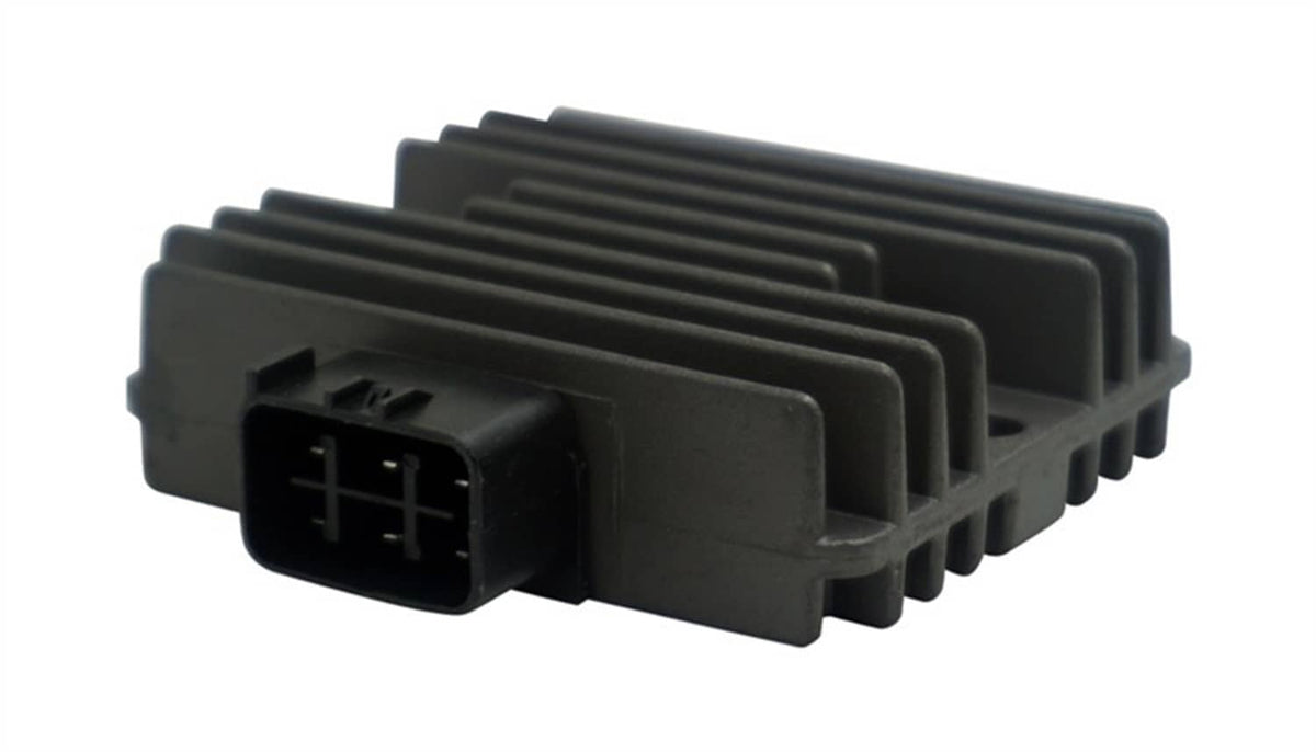 Voltage regulator rectifier side view showing multi-pin socket and stacked cooling fins