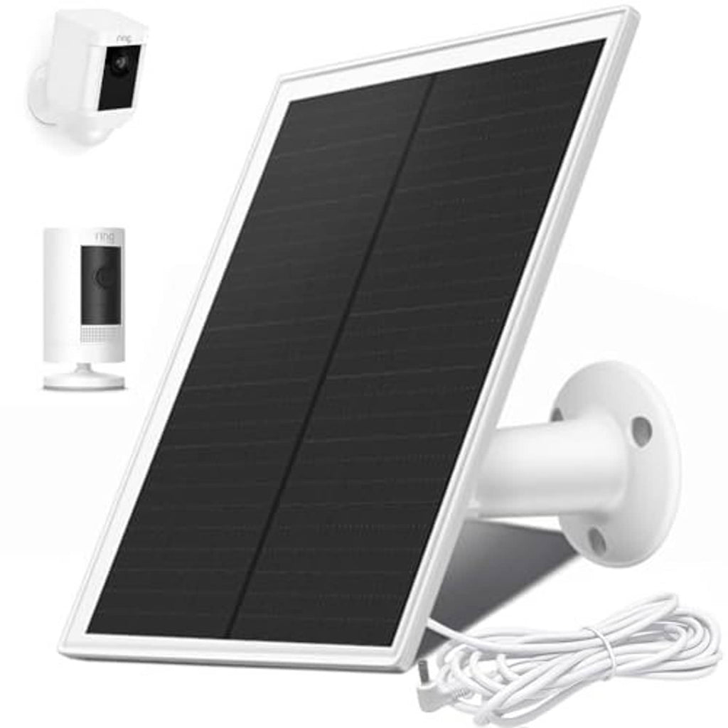 White solar panel charger with wall mount and coiled cable, angled view