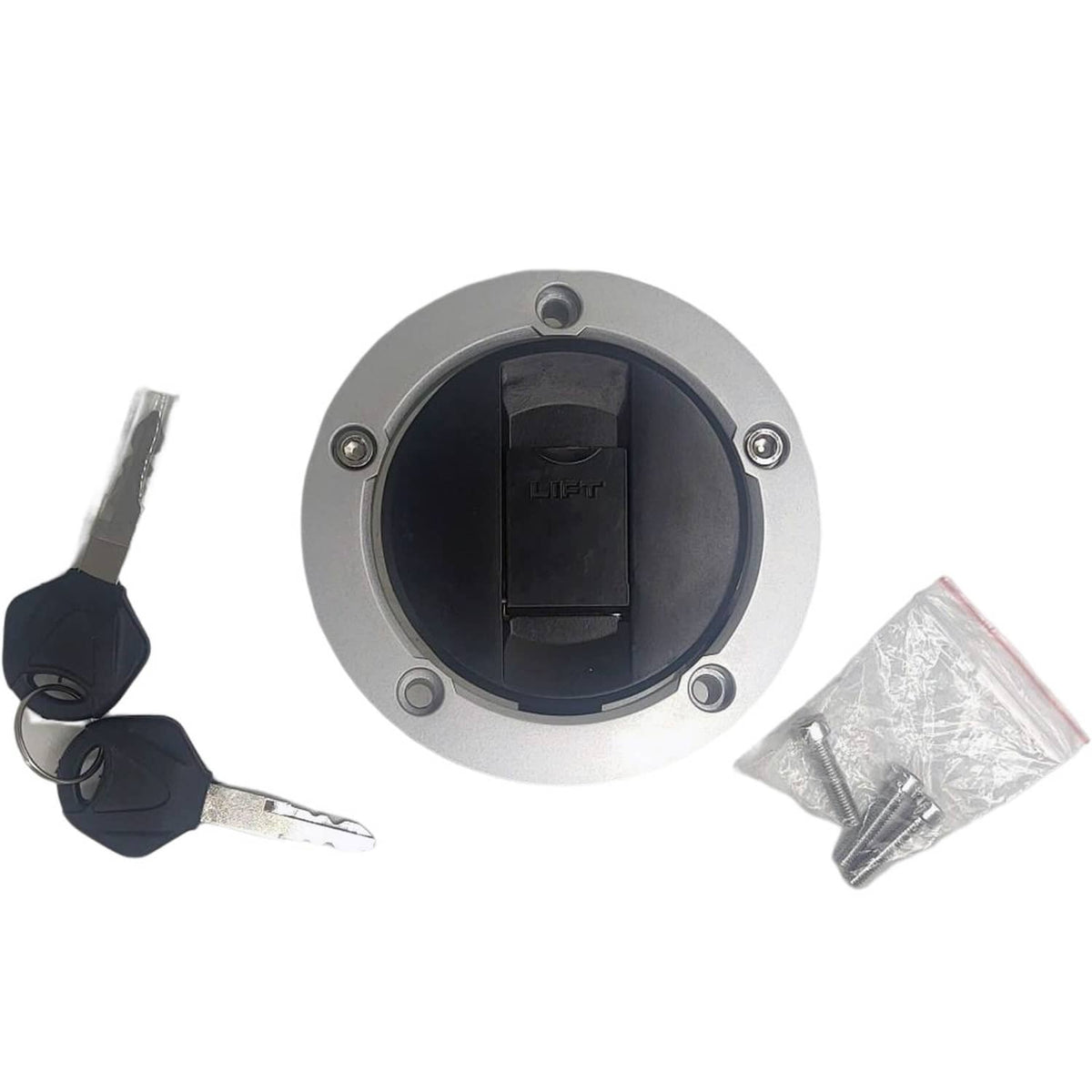Fuel tank cap cover with black lock insert, silver ring, keys and small hardware bag