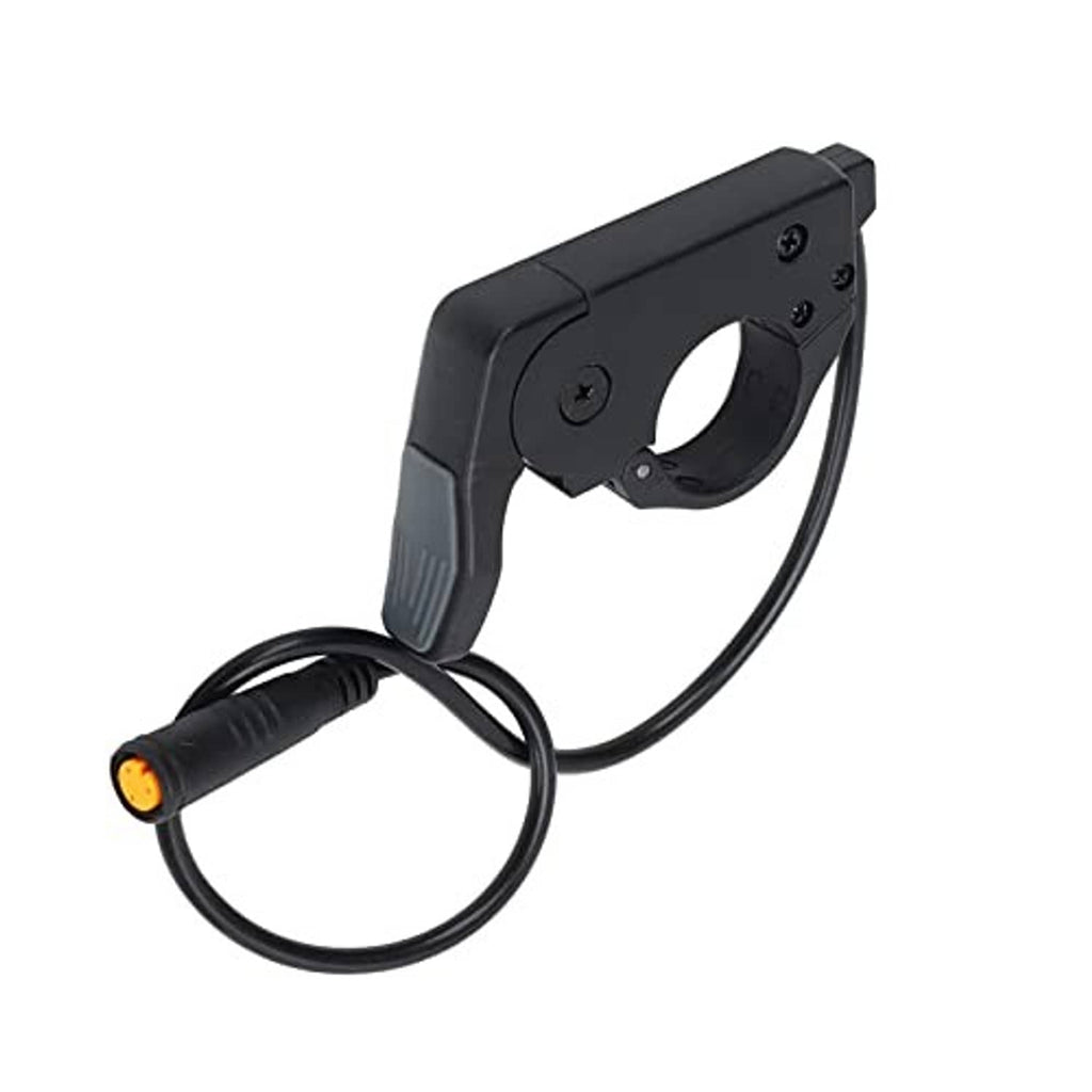 Electric bike thumb throttle speed control with black cable, orange indicator, and gray housing