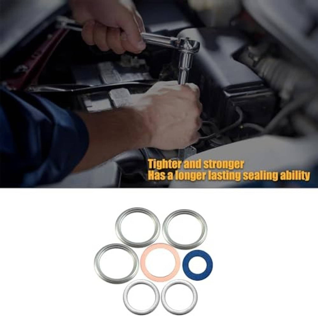 7-piece drain plug gasket rings with mechanic tightening a bolt in engine bay