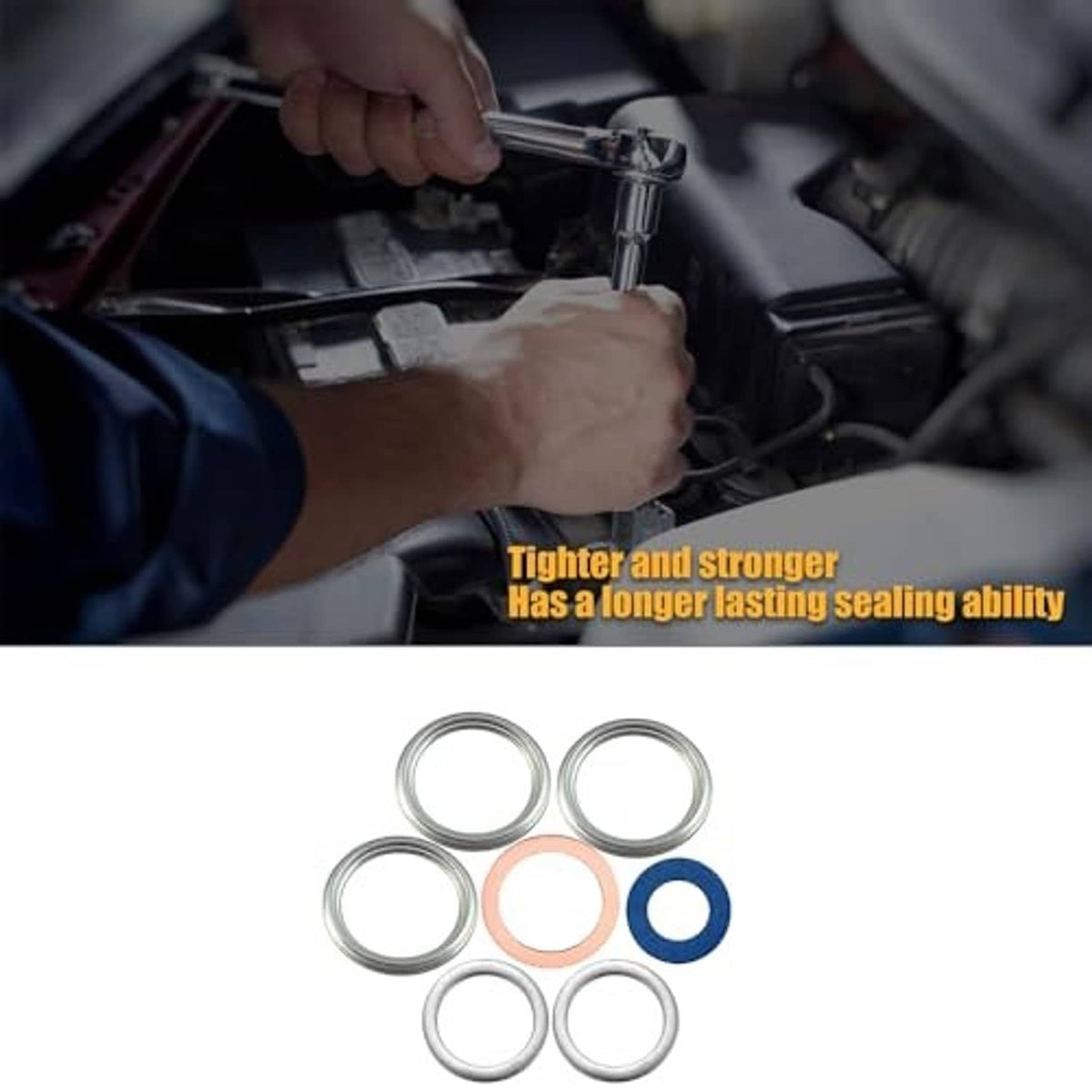 7-piece drain plug gasket rings with mechanic tightening a bolt in engine bay