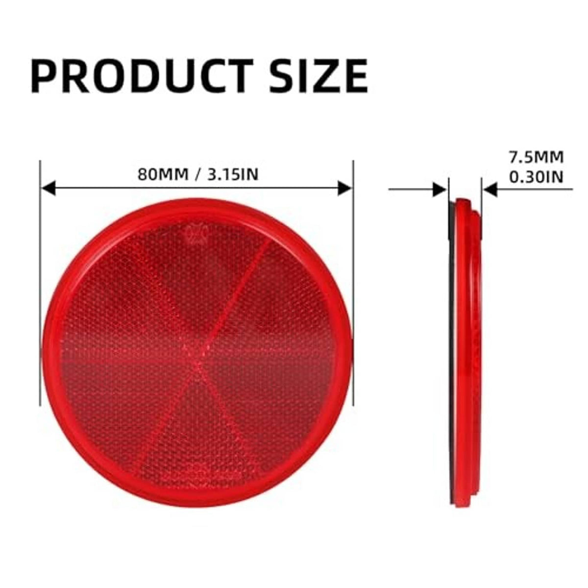 Red round reflector dimensions: 80 mm diameter, 7.5 mm thickness