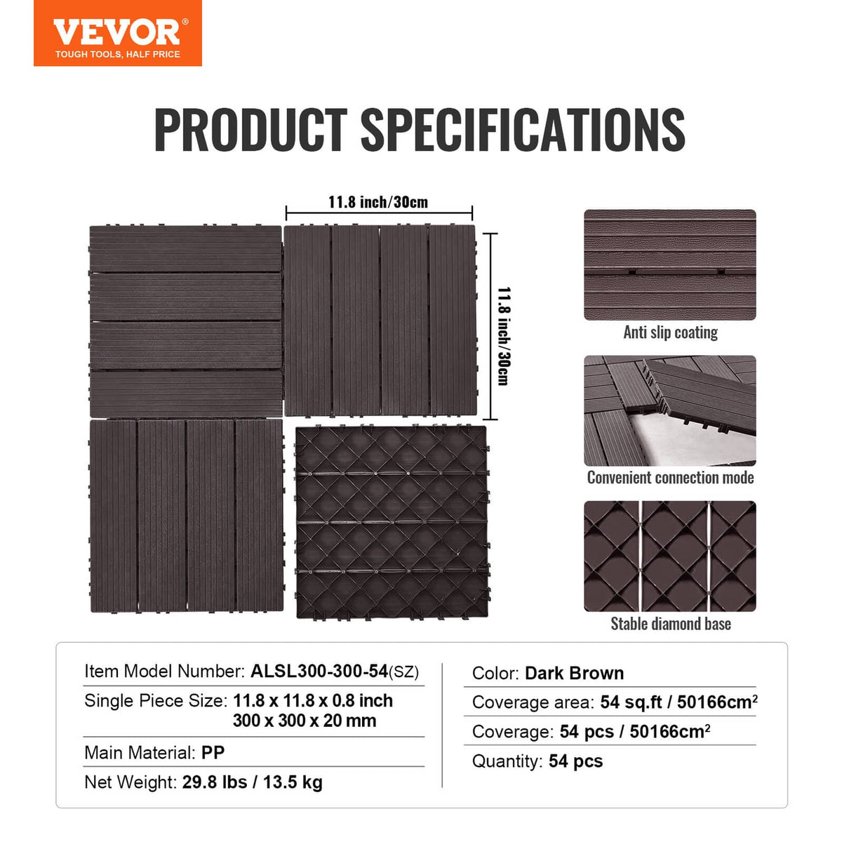 Deck tile spec view: dark brown interlocking panels with anti-slip coating