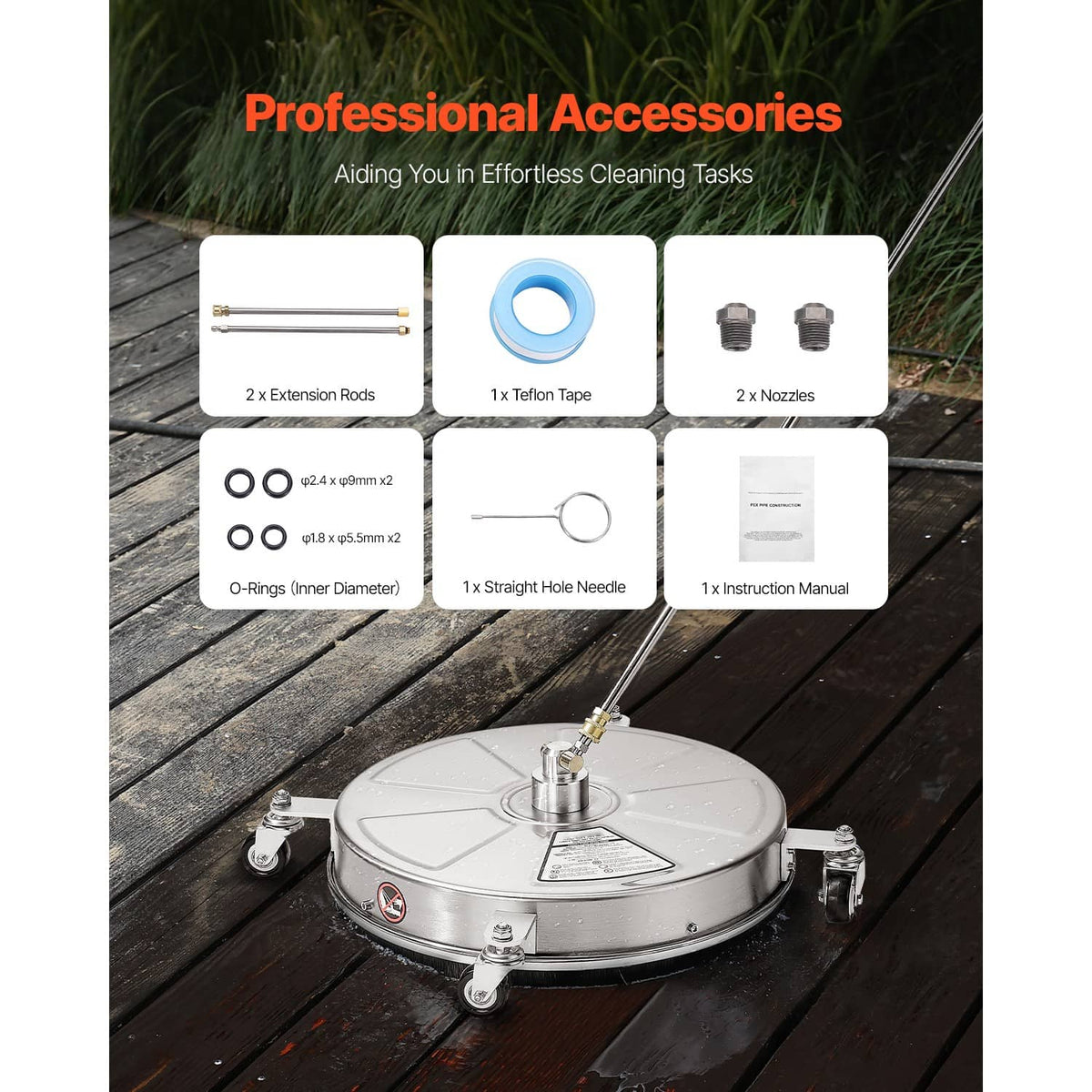 Pressure washer surface cleaner with accessory kit: extension rods, Teflon tape, and nozzles