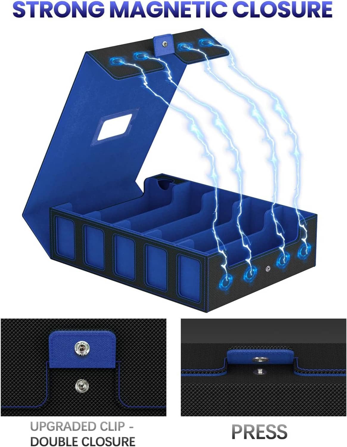 Blue and black trading card case with strong magnetic closure and snap clip