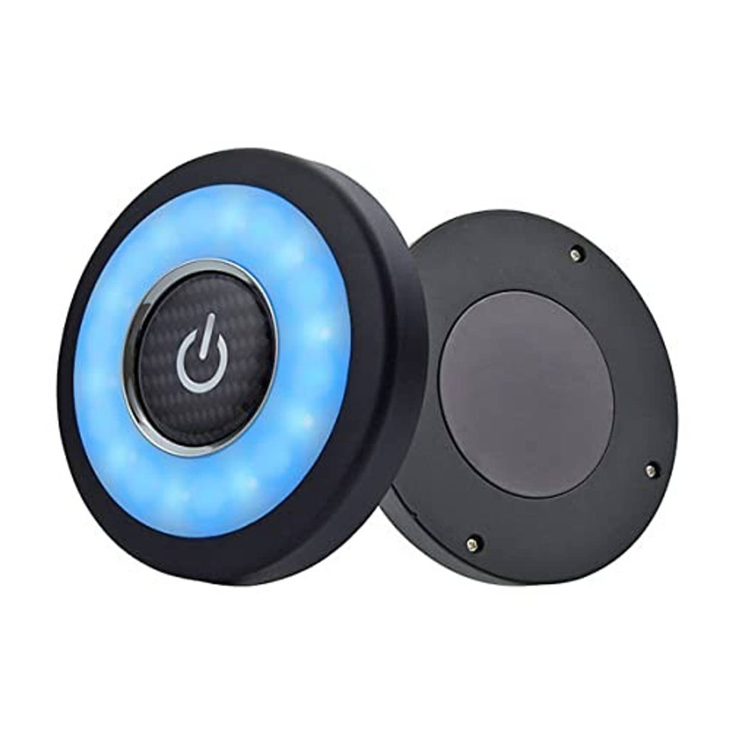 Round USB rechargeable LED ceiling light in black housing with blue light ring
