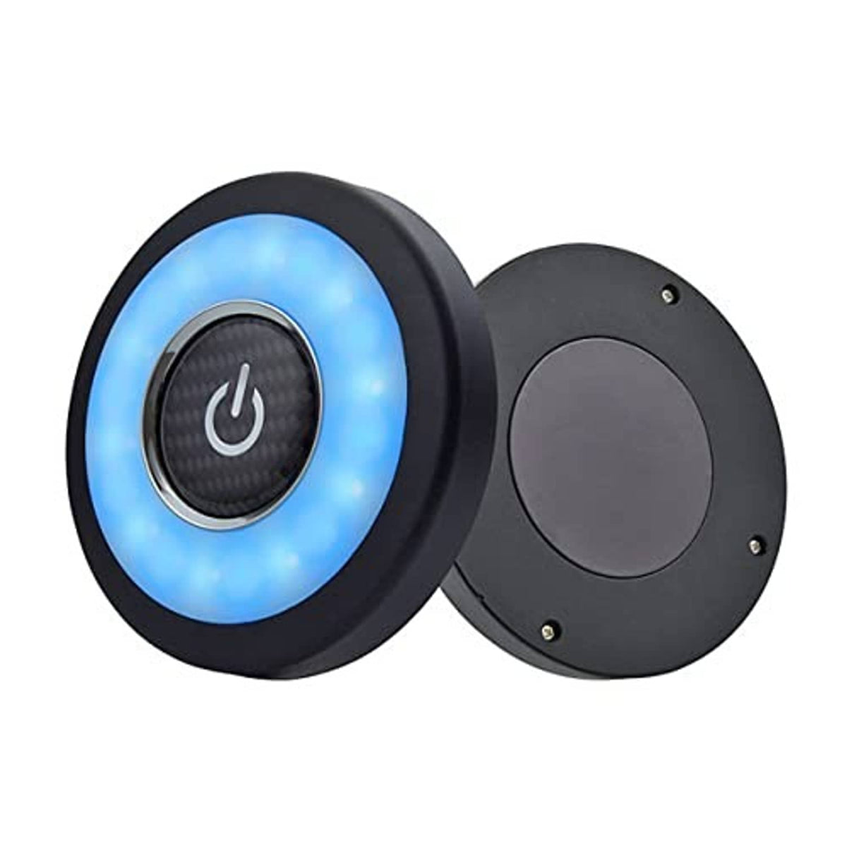 Round USB rechargeable LED ceiling light in black housing with blue light ring