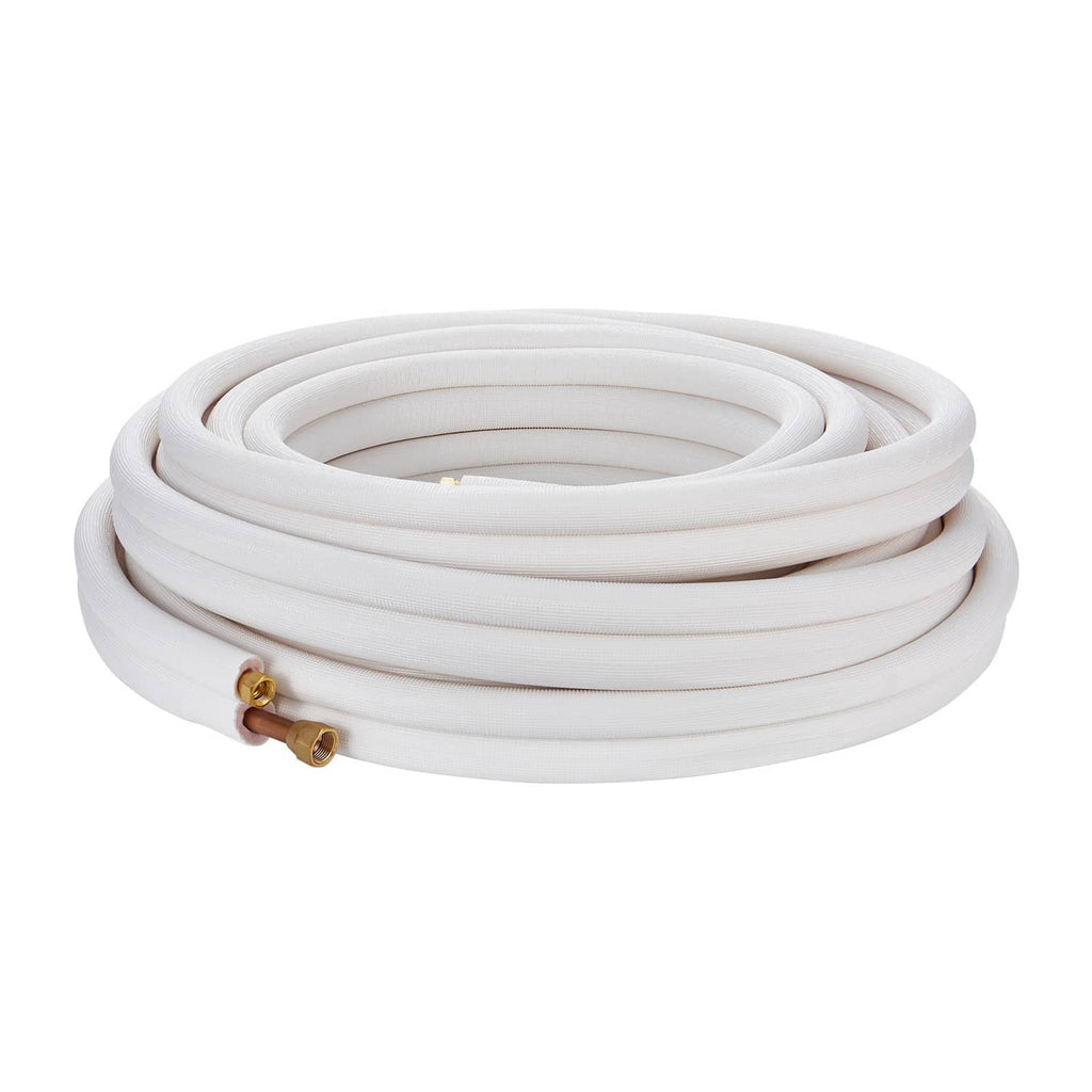 Rolled insulated mini-split copper line set tubing coil with brass service connectors.