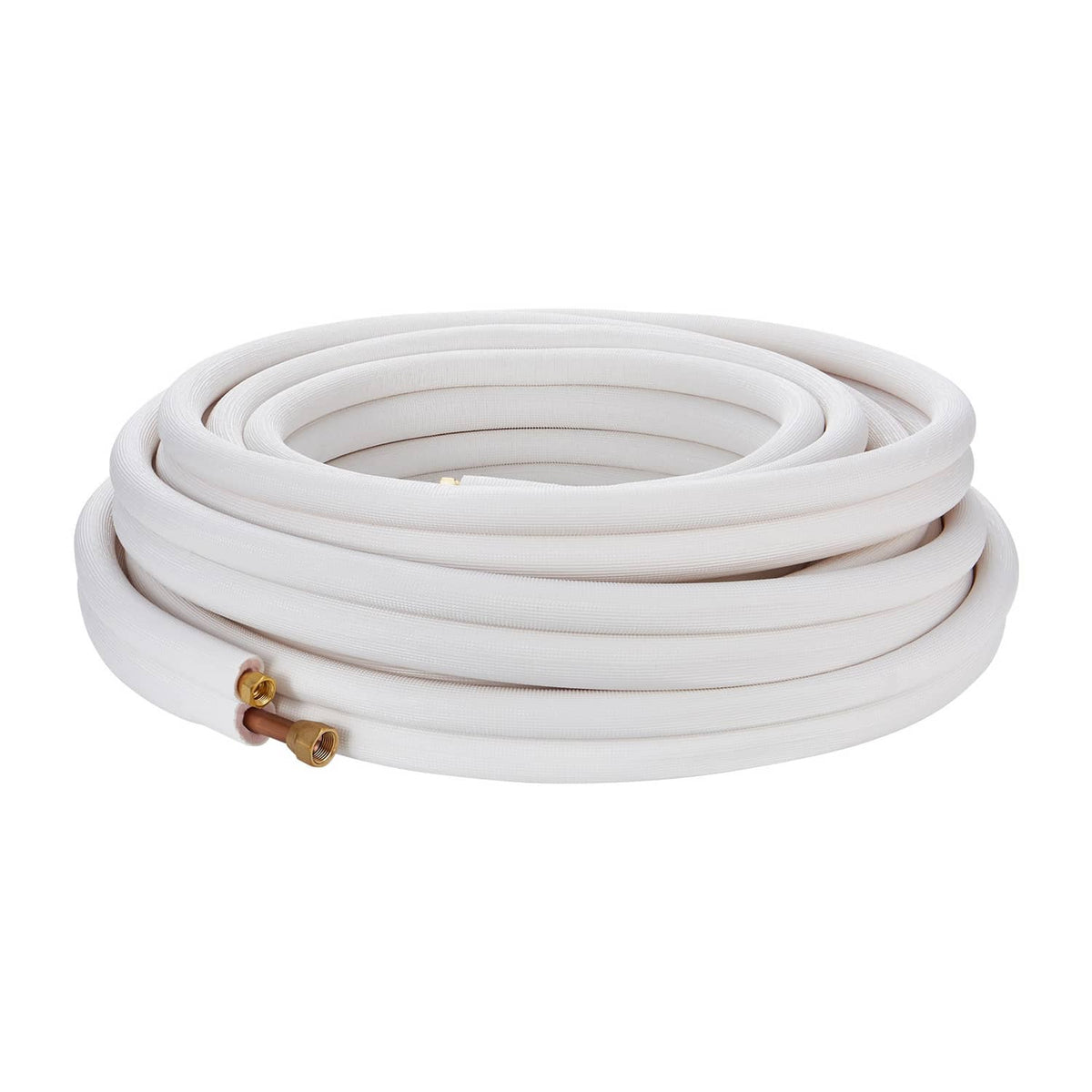 Rolled insulated mini-split copper line set tubing coil with brass service connectors.
