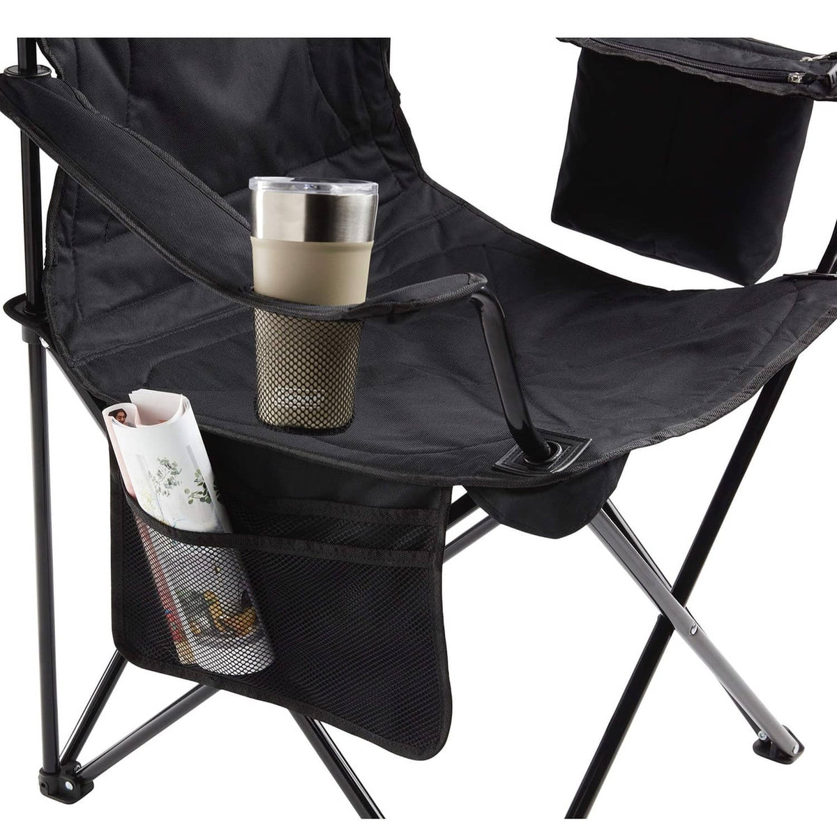 Coleman quad camp chair with front cooler bag and mesh cup holder storage