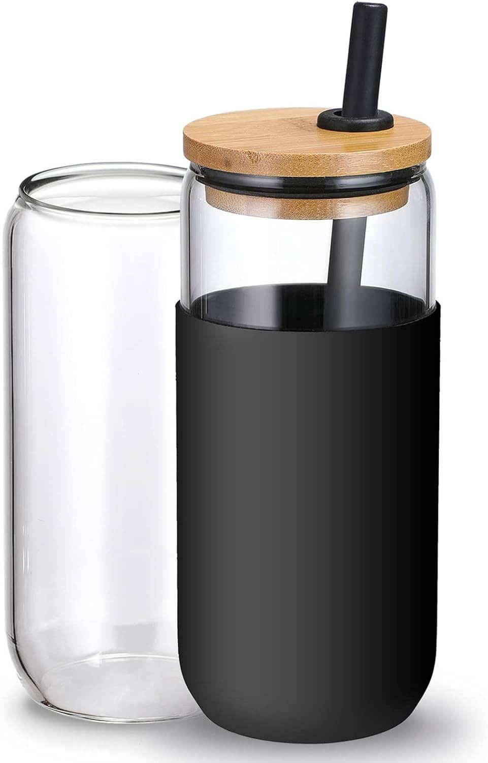 20 oz glass tumbler with black silicone sleeve, bamboo lid, and black straw