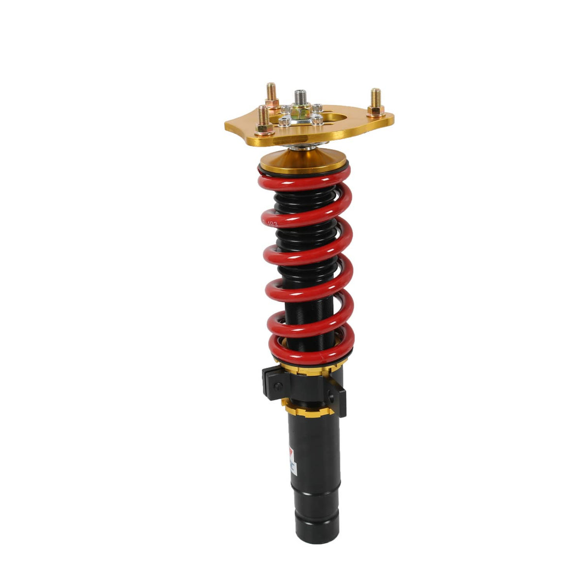 Coilover suspension strut with red coil spring and black body, gold top hardware