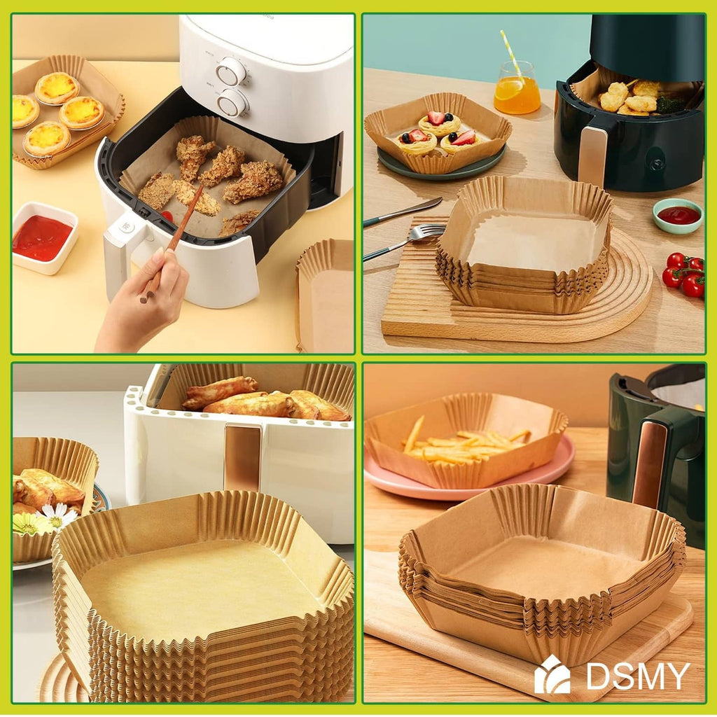 Ridged nature brown air fryer paper liners stacked and ready for use in a basket