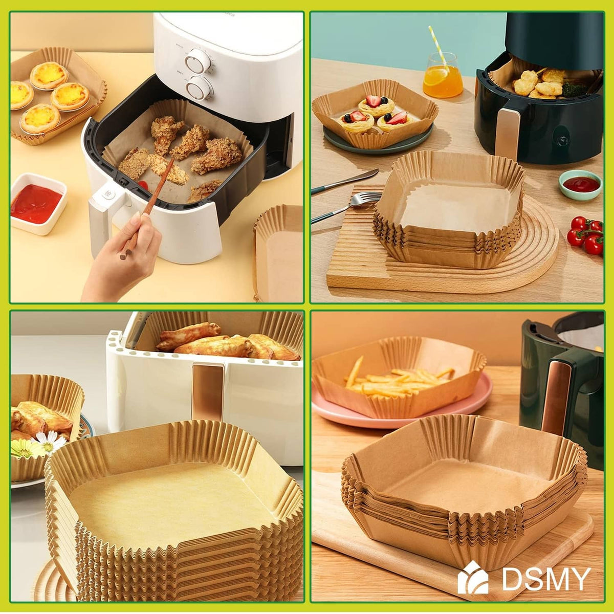 Ridged nature brown air fryer paper liners stacked and ready for use in a basket