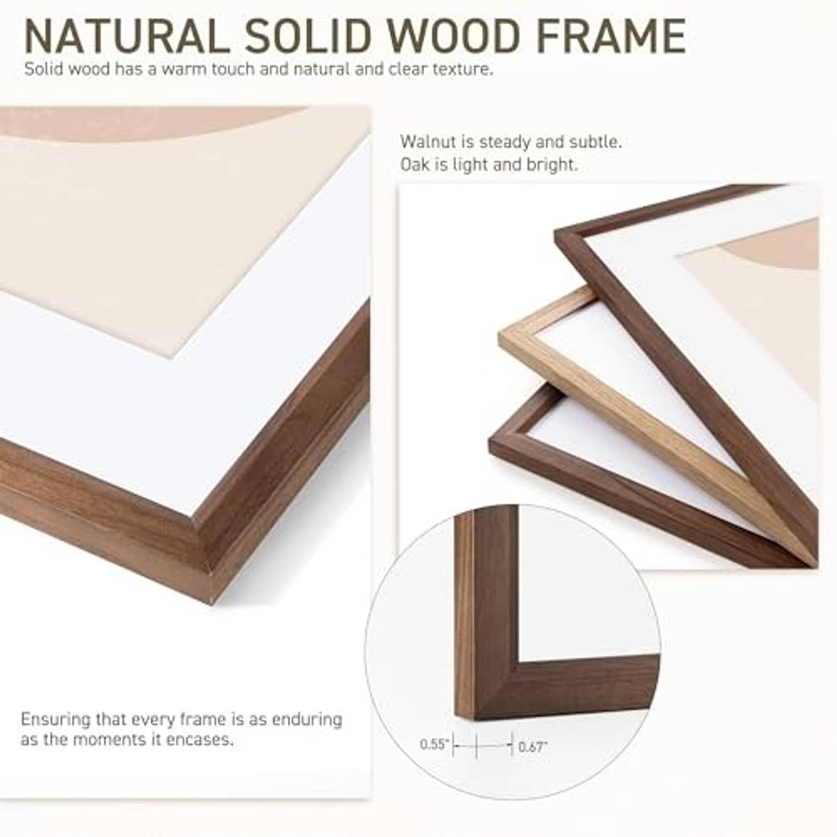 Natural solid wood picture frame with smooth walnut finish and clear front