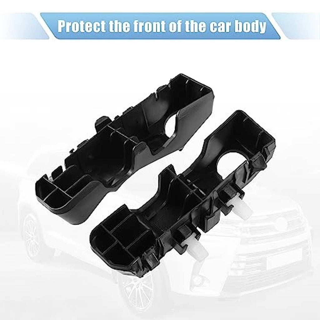 Underside view of black front bumper mounting support bracket pair with clip tabs