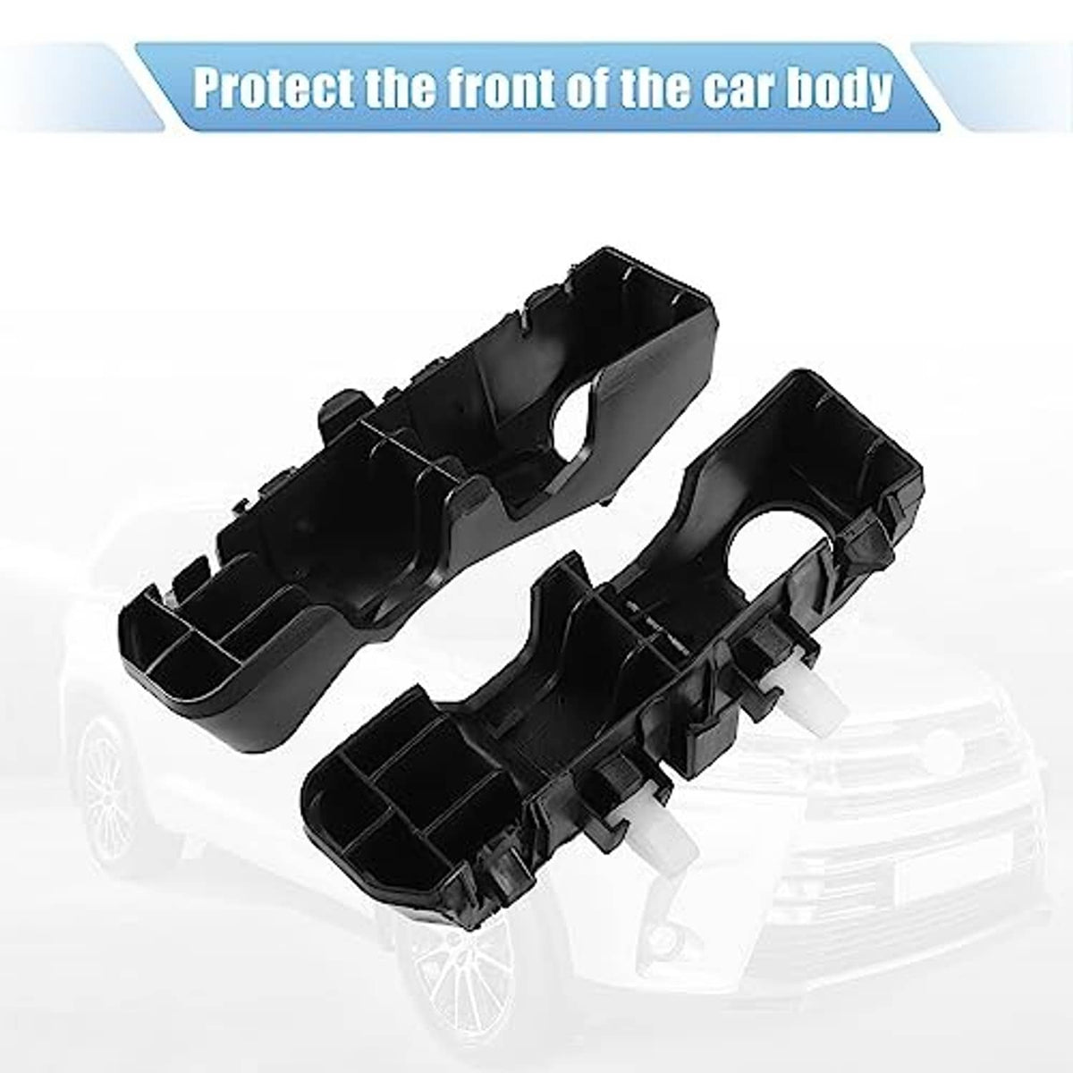 Underside view of black front bumper mounting support bracket pair with clip tabs
