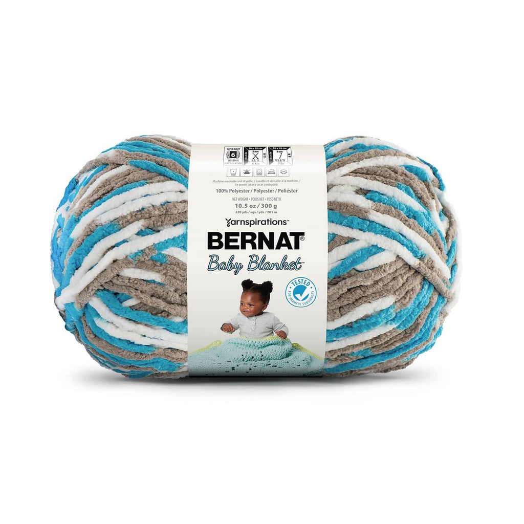 Multicolor striped super bulky baby blanket yarn skein with product label