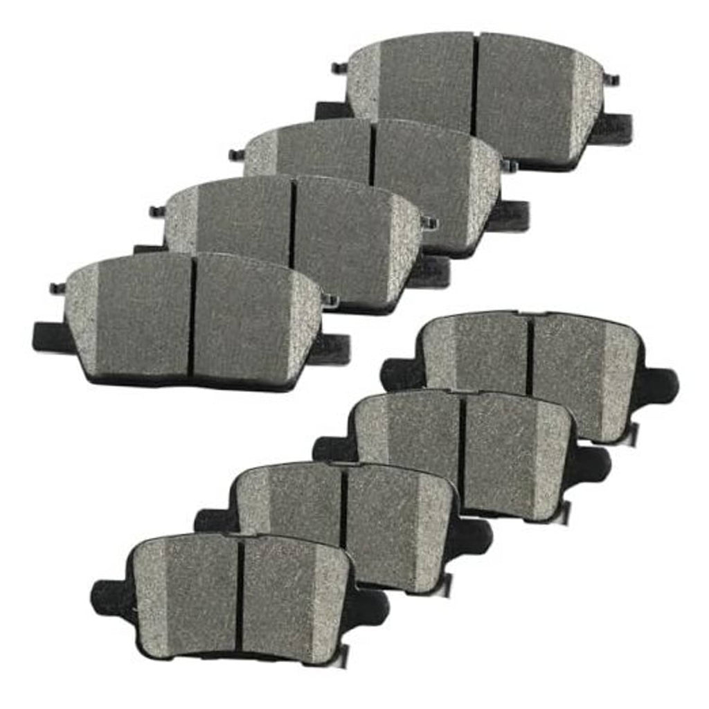 Set of gray ceramic brake pads with metal clips for front and rear replacement