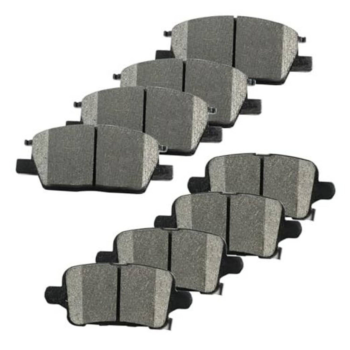 Set of gray ceramic brake pads with metal clips for front and rear replacement