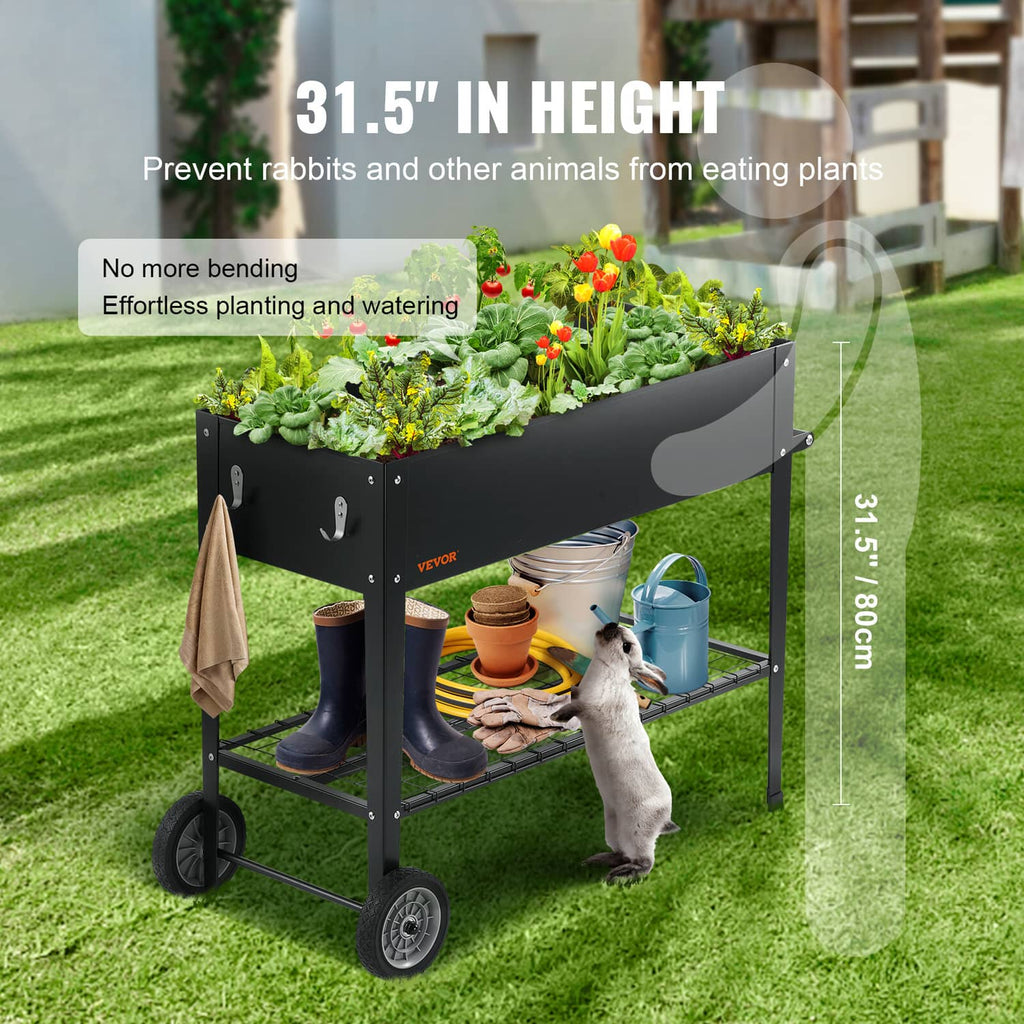 Black galvanized steel raised garden bed planter box with side hooks and caster wheels